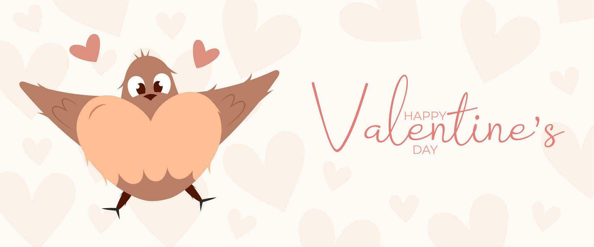 Hand draw banner with flying bird and hearts for Valentine's day. Happy Valentine's day and button read more. Peach fuzz, red, brow and pink colors.Cartoon style. Web vector illustration
