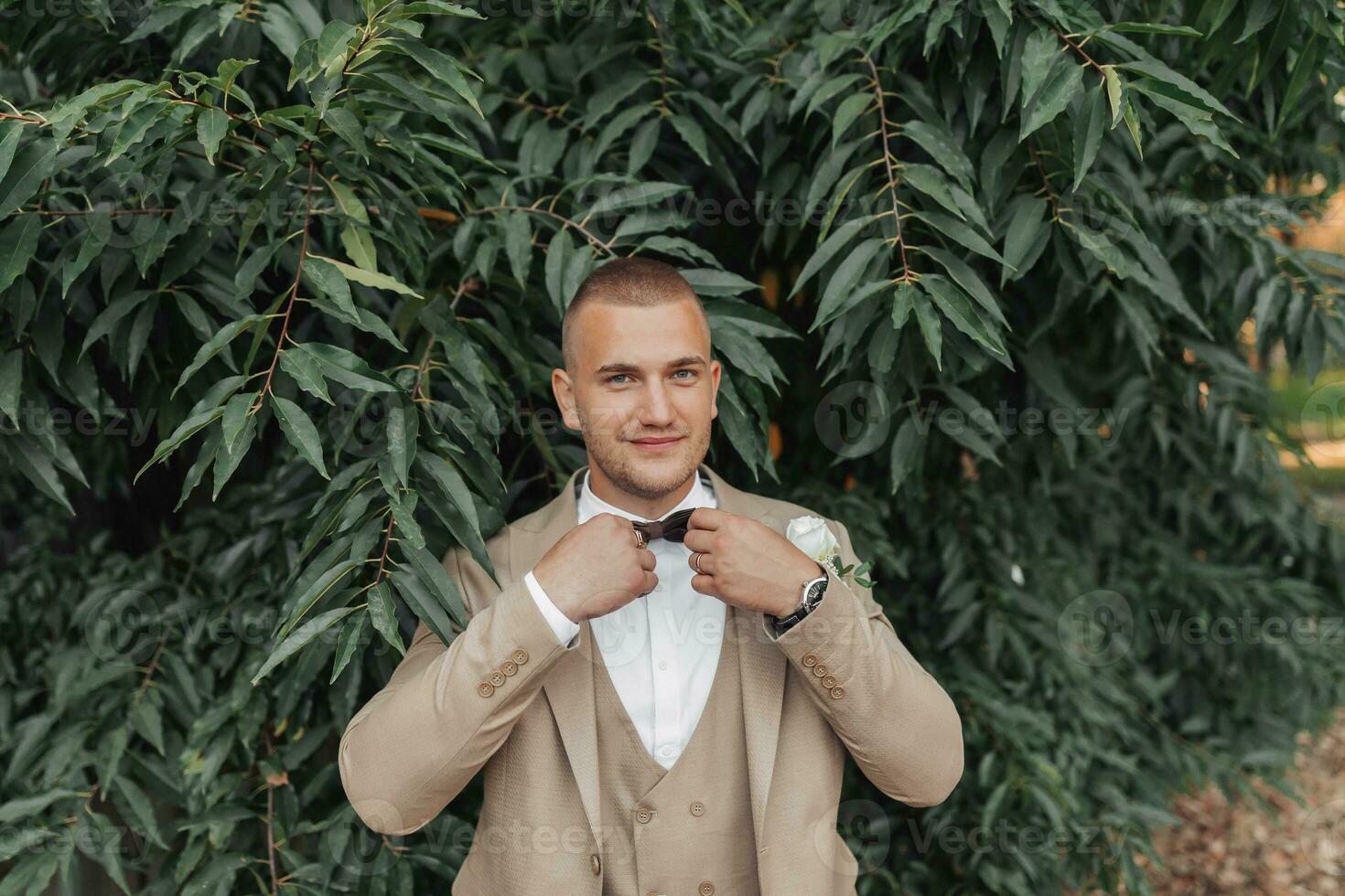 Wedding photo on a green background. The groom stands near the green bushes, adjusts the butterfly and looks into the lens. Portrait of the groom