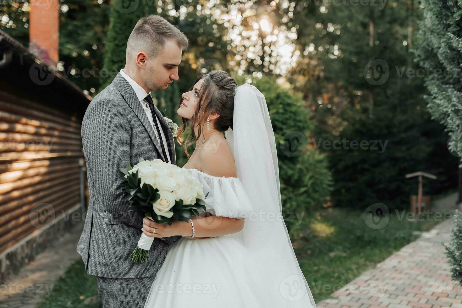 retrato de el novia y novio en naturaleza. el novio y el morena novia en un blanco largo vestir son de pie, besos en contra el antecedentes de coníferas elegante novio. hermosa pelo y maquillaje foto