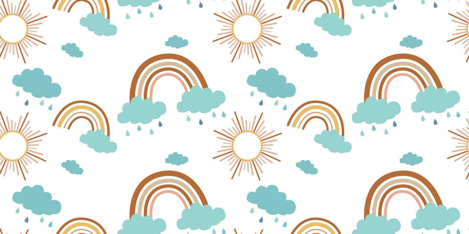 Vector seamless pattern for children with rainbows, clouds, sun in boho style in pastel colors. Suitable for wrapping paper, textiles, wallpaper, backgrounds.