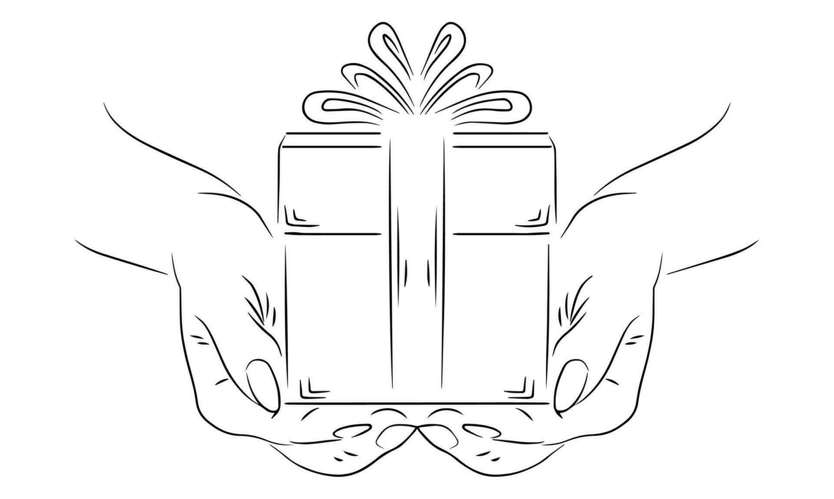 a hand holding giftbox line art silhouette illustration vector