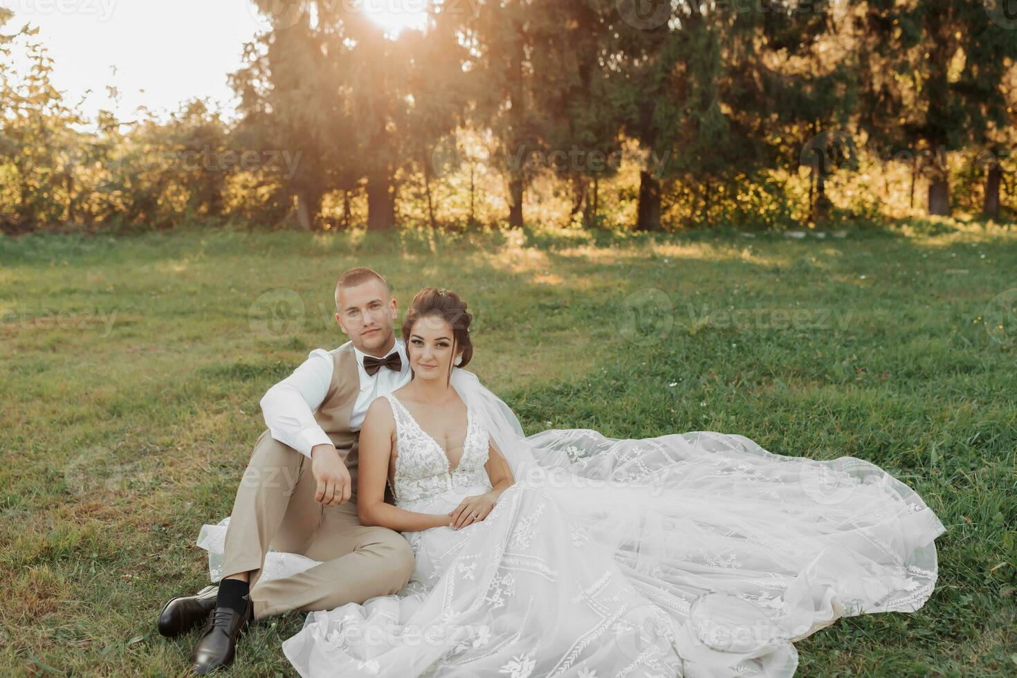 Boda retrato de el novia y novio. el novia y novio son sentado en el verde césped y posando detrás el novia y acicalar, el hermosa Dom brilla mediante el grande Navidad arboles foto