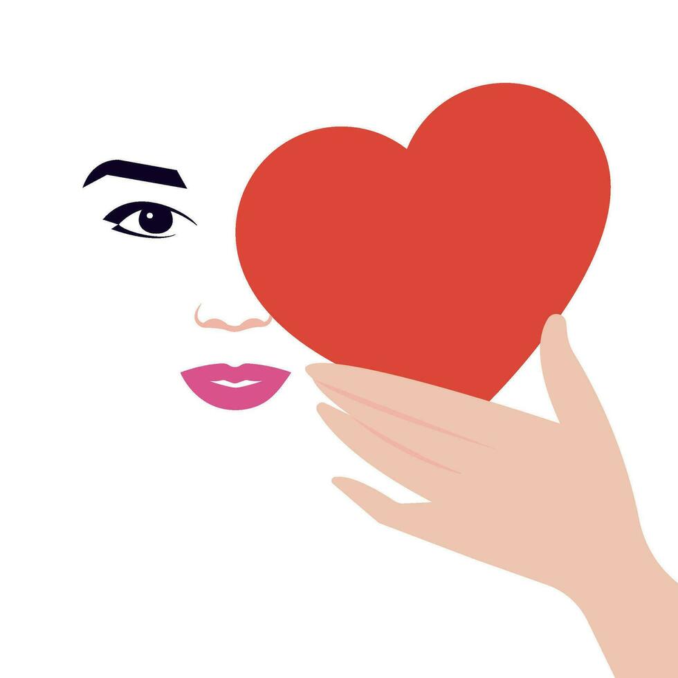 Female Hand Hold Heart in Front of Face. Affectionate, Desire, Flirt, Love Emotions. vector