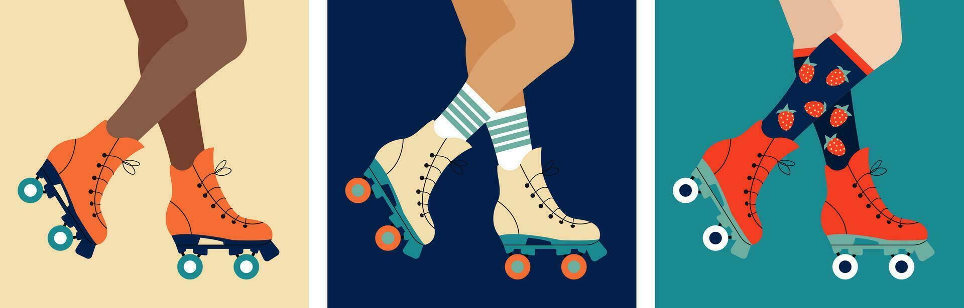 conjunto de diferente mujer piernas en un retro rodillo patinar zapatos. retro rodillo patinador carteles vector