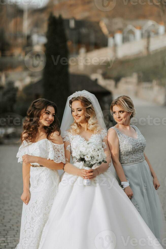 Stylish bridesmaids have fun with the bride in nature and pose and look at the bride photo