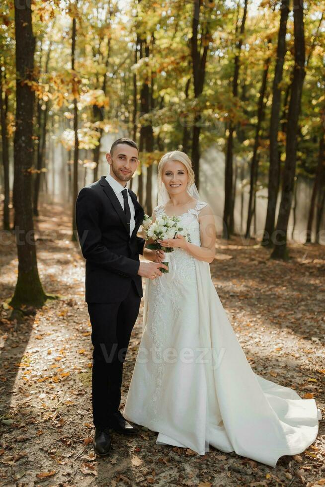 el novia y novio son bailando en contra el antecedentes de un cuento de hadas niebla en el bosque. el rayos de el Dom descanso mediante el fumar, un cuento de hadas Boda foto