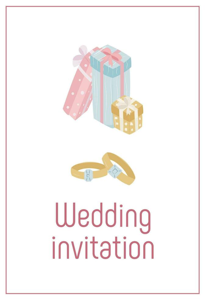 Boda invitación con anillo y regalos en blanco antecedentes. vector