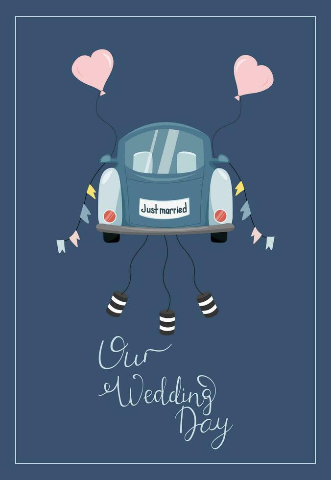 Boda ilustración con recién casados coche en azul antecedentes. lata ser usado para carteles, Boda invitaciones, etc. vector