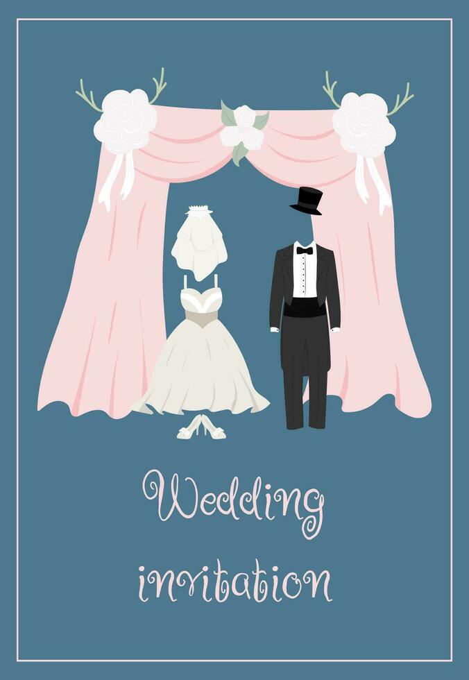 Wedding invitation depicting the bride's dress, groom's tailcoat and wedding arch on blue background vector