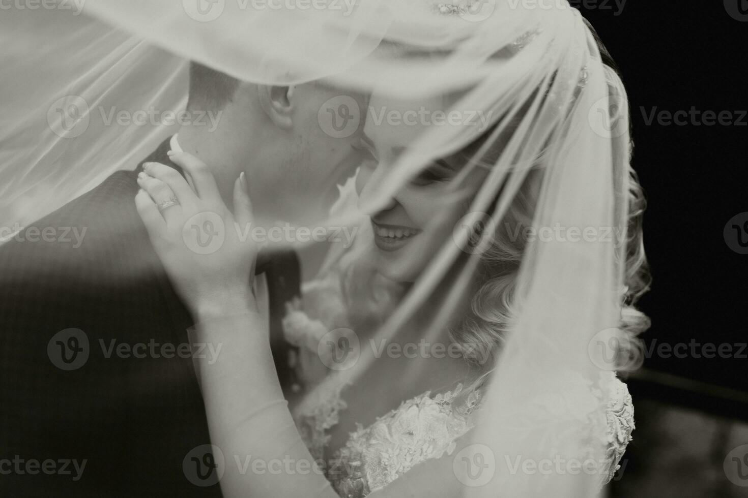 Groom and bride in the forest. Autumn wedding in the forest. Happy wedding, loving couple tender touches under the veil. Stylish and beautiful. Princess dress with a long train. black and white photo