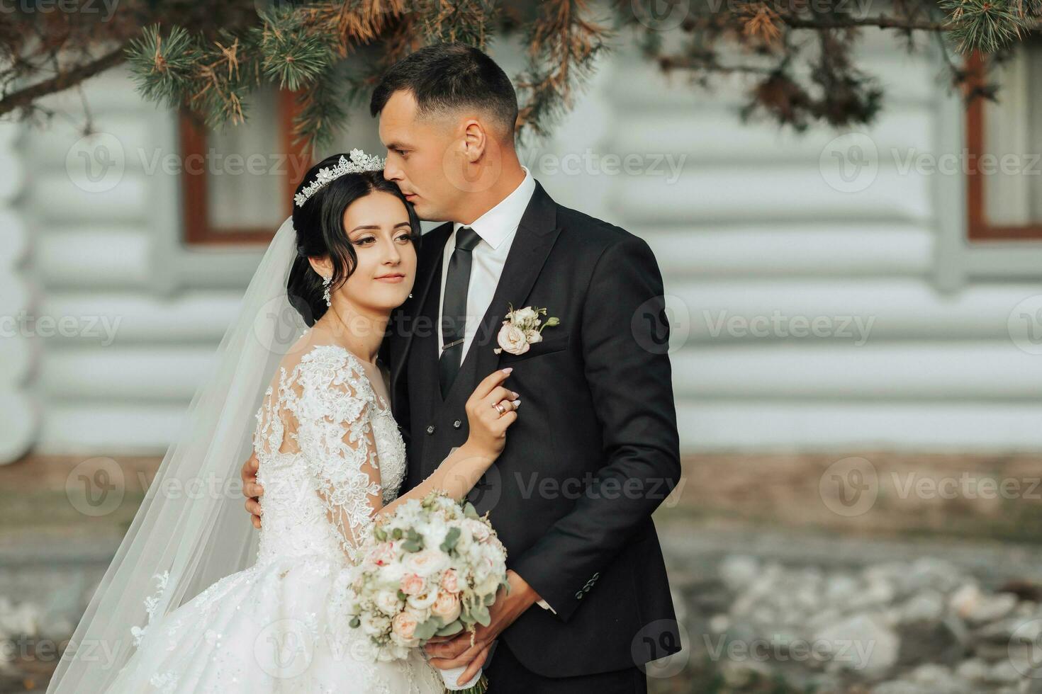 The brunette bride and groom in a white long dress are standing and hugging against the background of coniferous trees and a white hut. Stylish groom. Beautiful hair and makeup photo