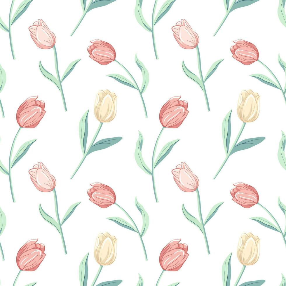 Vector seamless pattern with tulips. Spring background. Romantic flower pattern hand drawn.