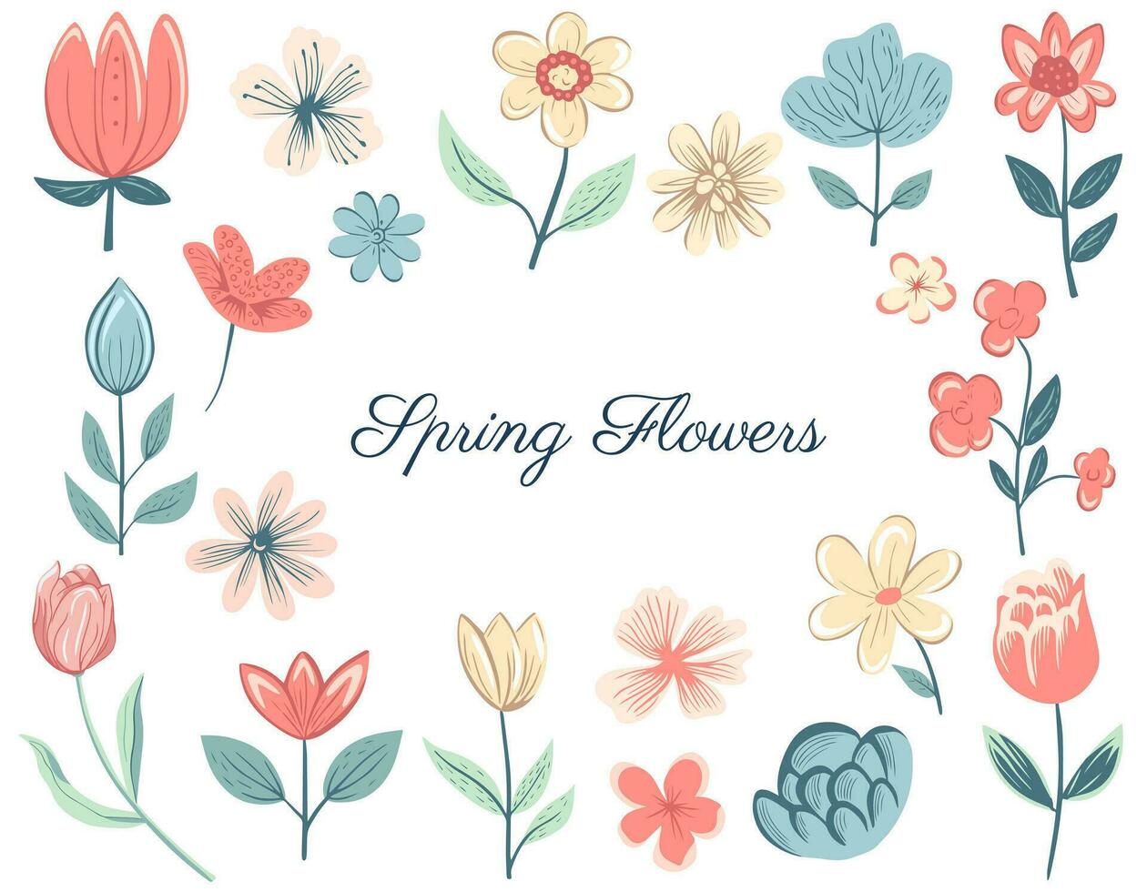 Spring floral collection with roses, daisies, flowery compositions. Hand drawn vector spring elements.