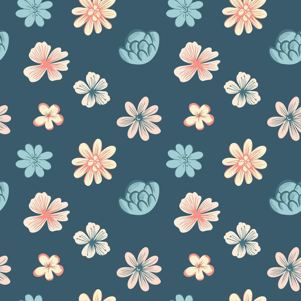 Vector seamless pattern with folk flowers. Spring background. Romantic flower pattern hand drawn.