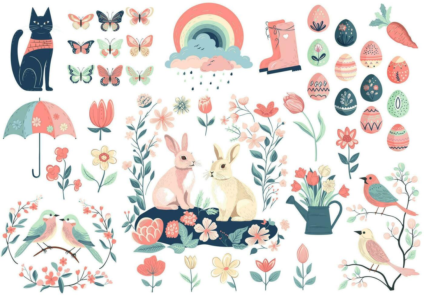 Easter spring set with cute birds, eggs, butterflies, bunnies. Hand drawn vector spring elements.