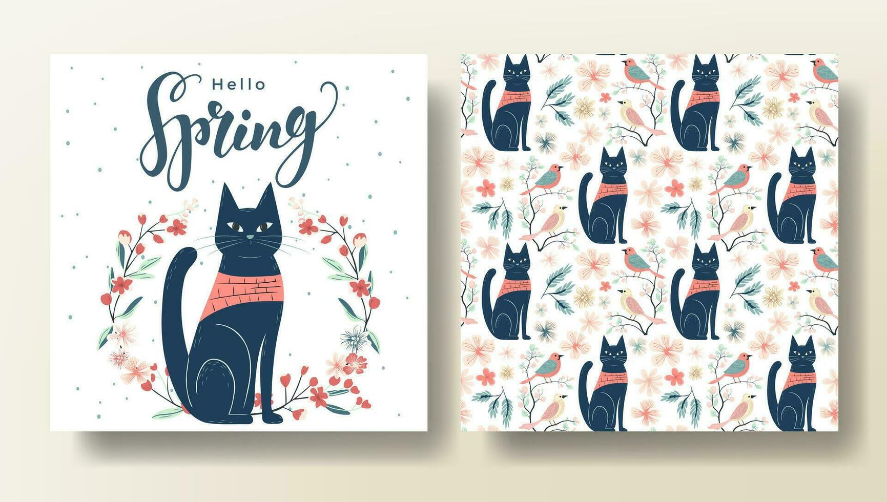 conjunto de primavera saludo tarjeta y sin costura modelo con gato, primavera modelo. Hola primavera vector