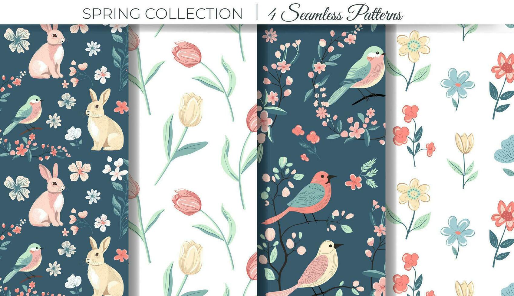 Spring seamless patterns. Set of spring background with bunny, tulips and birds. Easter ornament vector