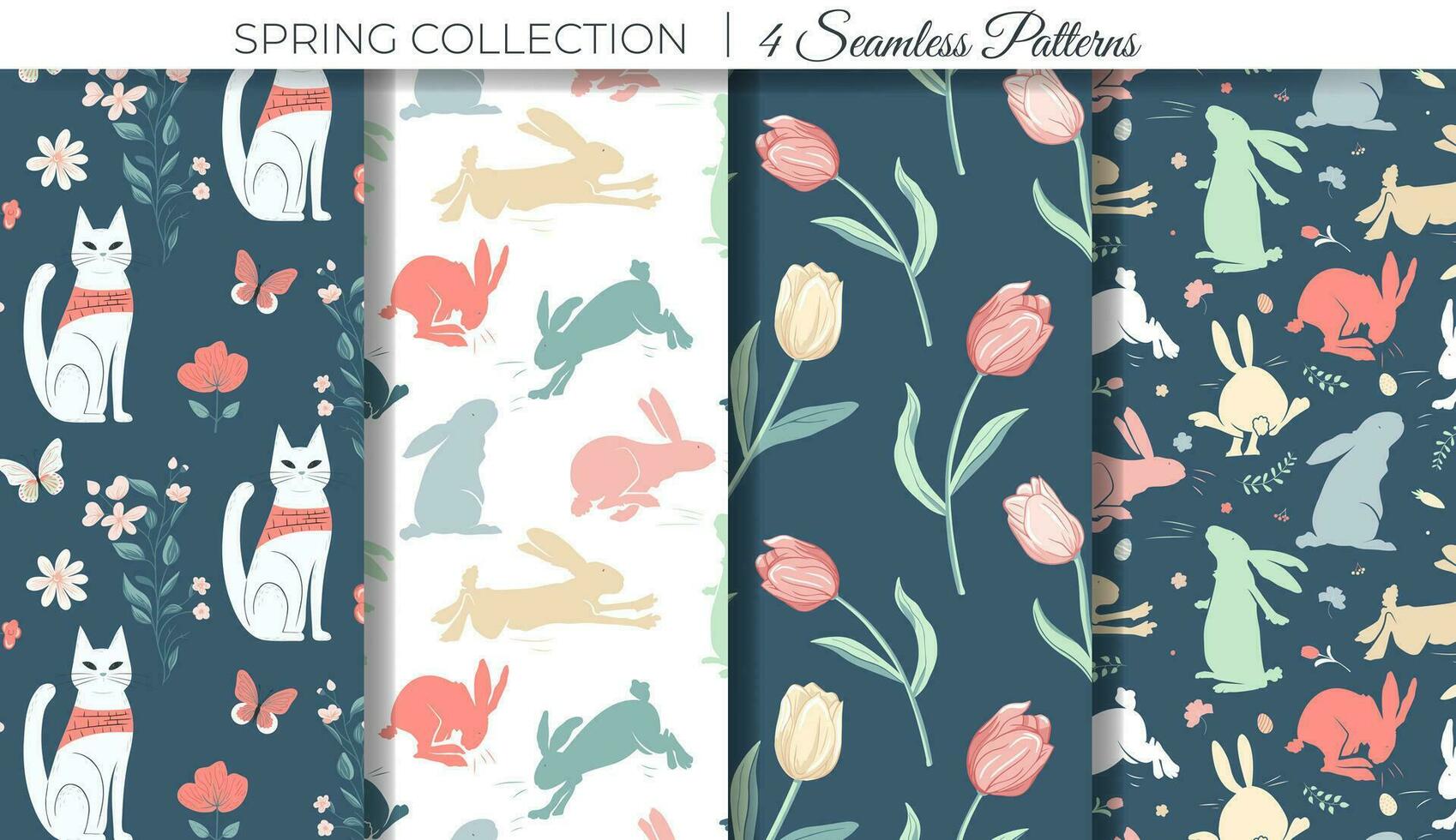 Spring seamless patterns. Set of spring background with bunny, tulips and cat. Easter background vector