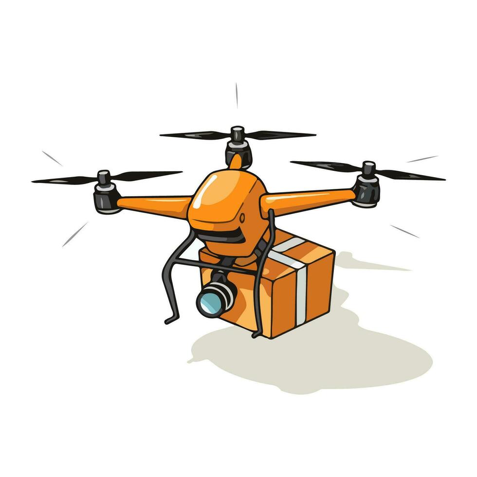 Quadcopter aerial drone with camera and cargo for delivery service isolated on white background. Cartoon style. Vector illustration for any design.