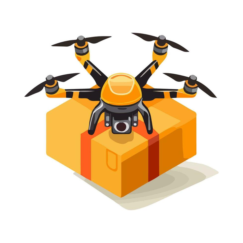 quadcopter aéreo zumbido con cámara y carga caja para entrega Servicio aislado en blanco antecedentes. dibujos animados estilo. vector ilustración para ninguna diseño.