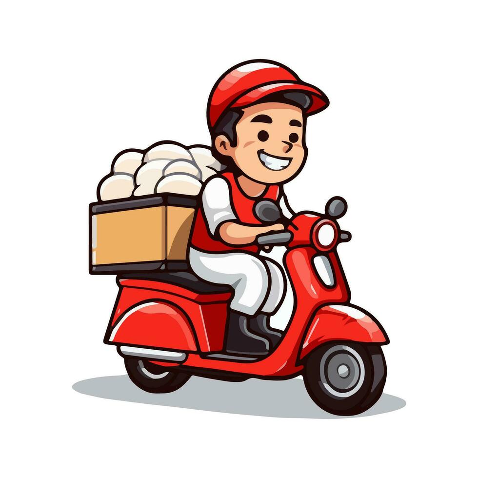Delivery man riding a red scooter isolated on white background. Food delivery man. Cartoon style. Vector illustration.