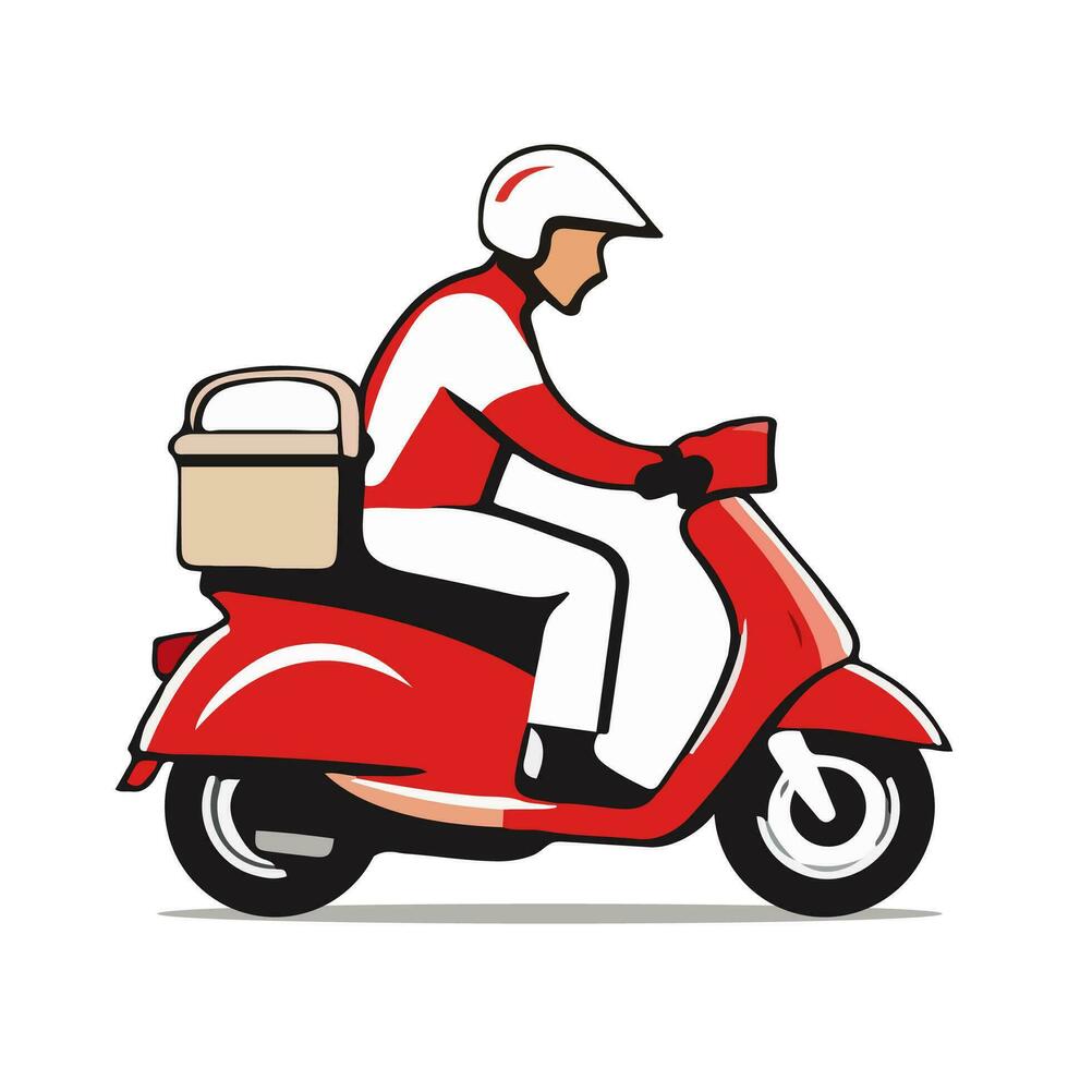 Delivery man riding a red scooter isolated on white background. Food delivery man. Cartoon style. Vector illustration.