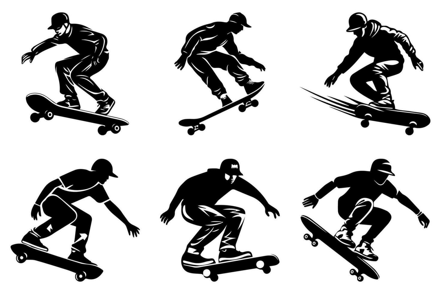 Set of skater black silhouette isolated on white background. Skateboard. Vector illustration.