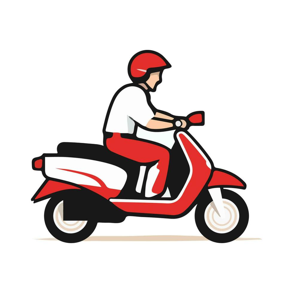 Delivery man riding a red scooter isolated on white background. Food delivery man. Cartoon style. Vector illustration.