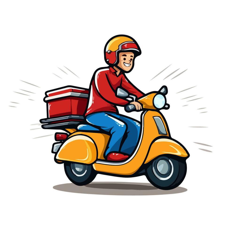 Delivery man riding yellow scooter, deliver the package to the customer. Cartoon illustration. Vector illustration isolated on white background.