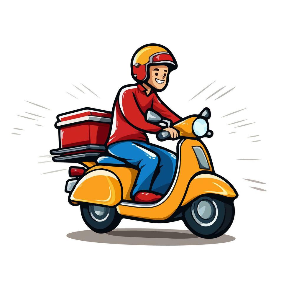 entrega hombre montando amarillo scooter, entregar el paquete a el cliente. dibujos animados ilustración. vector ilustración aislado en blanco antecedentes.