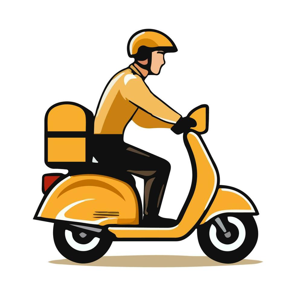 Delivery man riding a yellow scooter isolated on white background. Food delivery man. Cartoon style. Vector illustration.