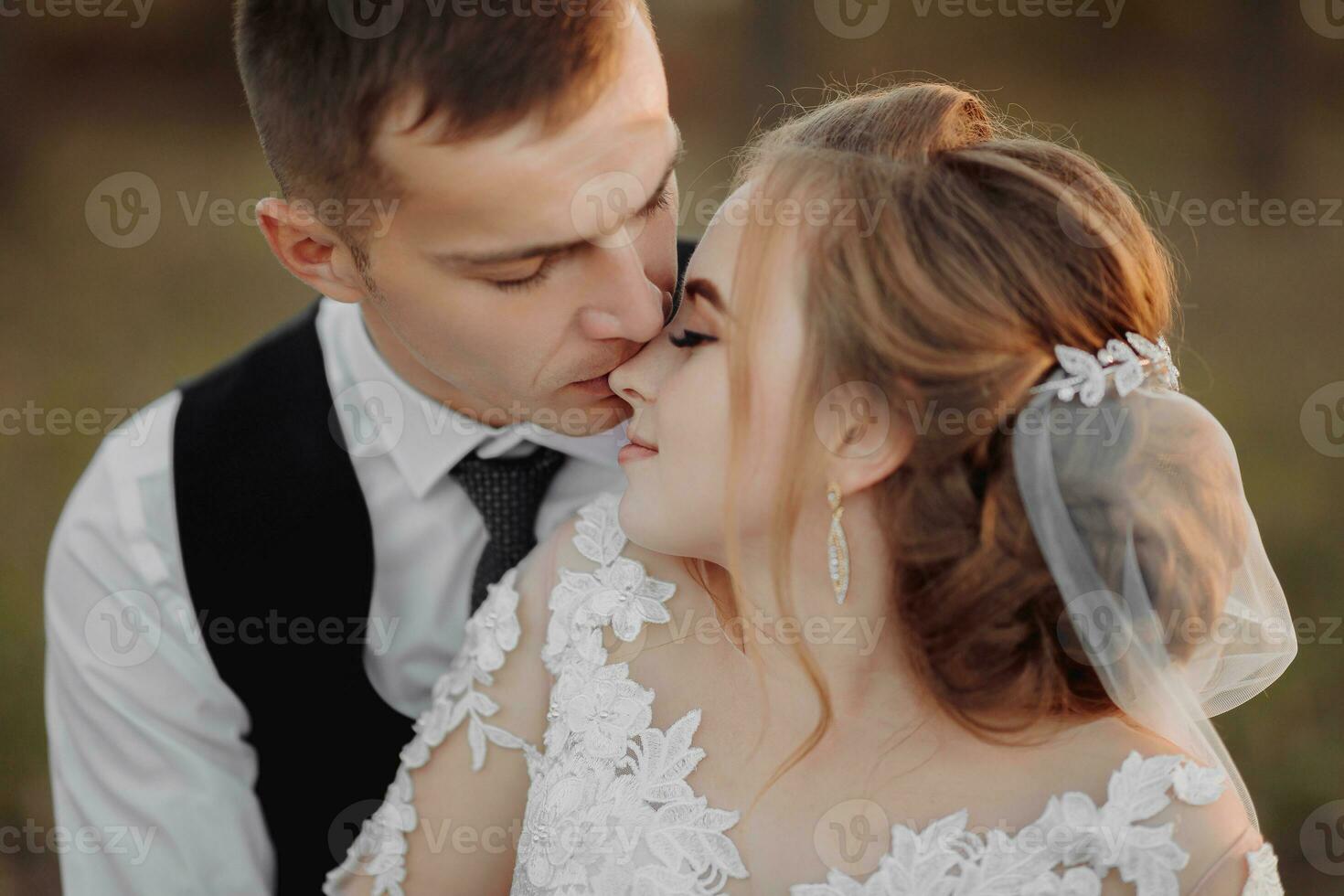 Wedding photo in nature. The groom is sitting on a wooden stand, the bride is standing next to him, he hugs her shoulders and kisses her. Portrait of the bride and groom