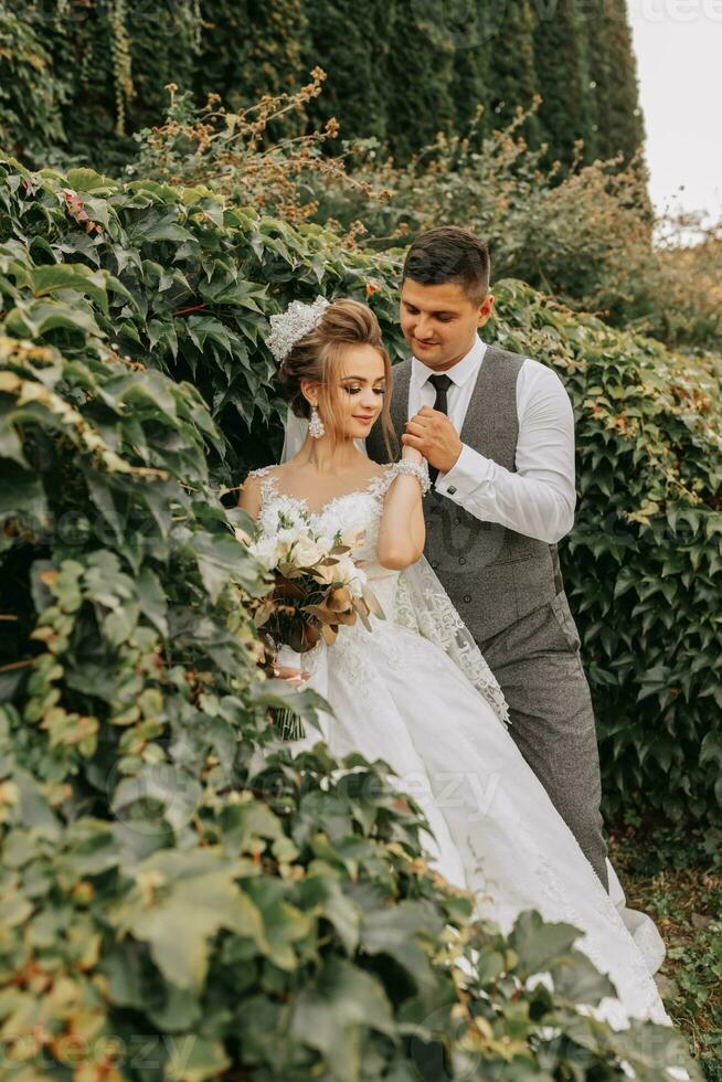 novia y novio en el jardín entre verdor. real Boda concepto. elegante de la novia vestir con un largo tren. sensibilidad y calma. retrato fotografía foto