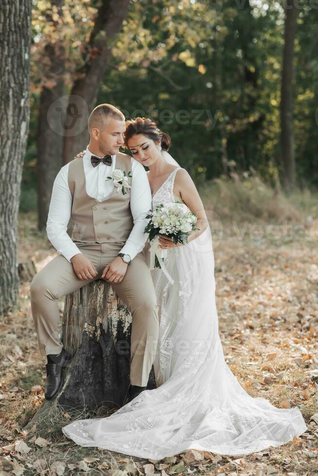 Wedding photo in nature. The groom is sitting on a wooden stand, the bride is holding a bouquet, standing next to him, leaning on his shoulder. Portrait of the bride and groom