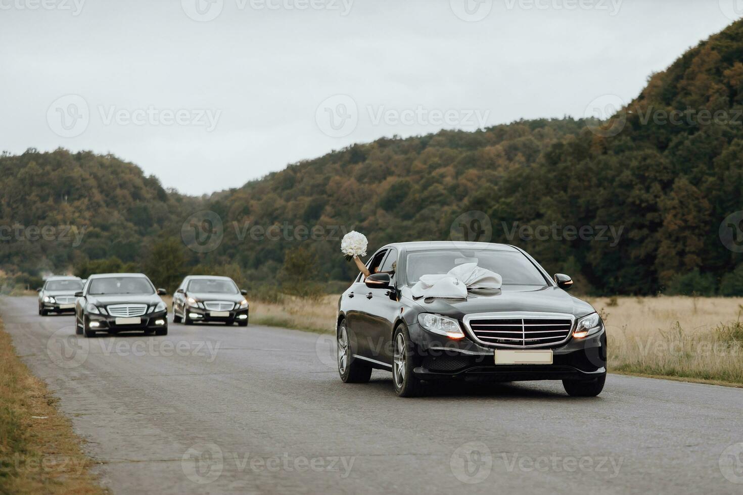 Modern bride and groom in the car window. Beautiful and smiling newlyweds. Happy weekend. The bride waves a wedding bouquet from the car window photo