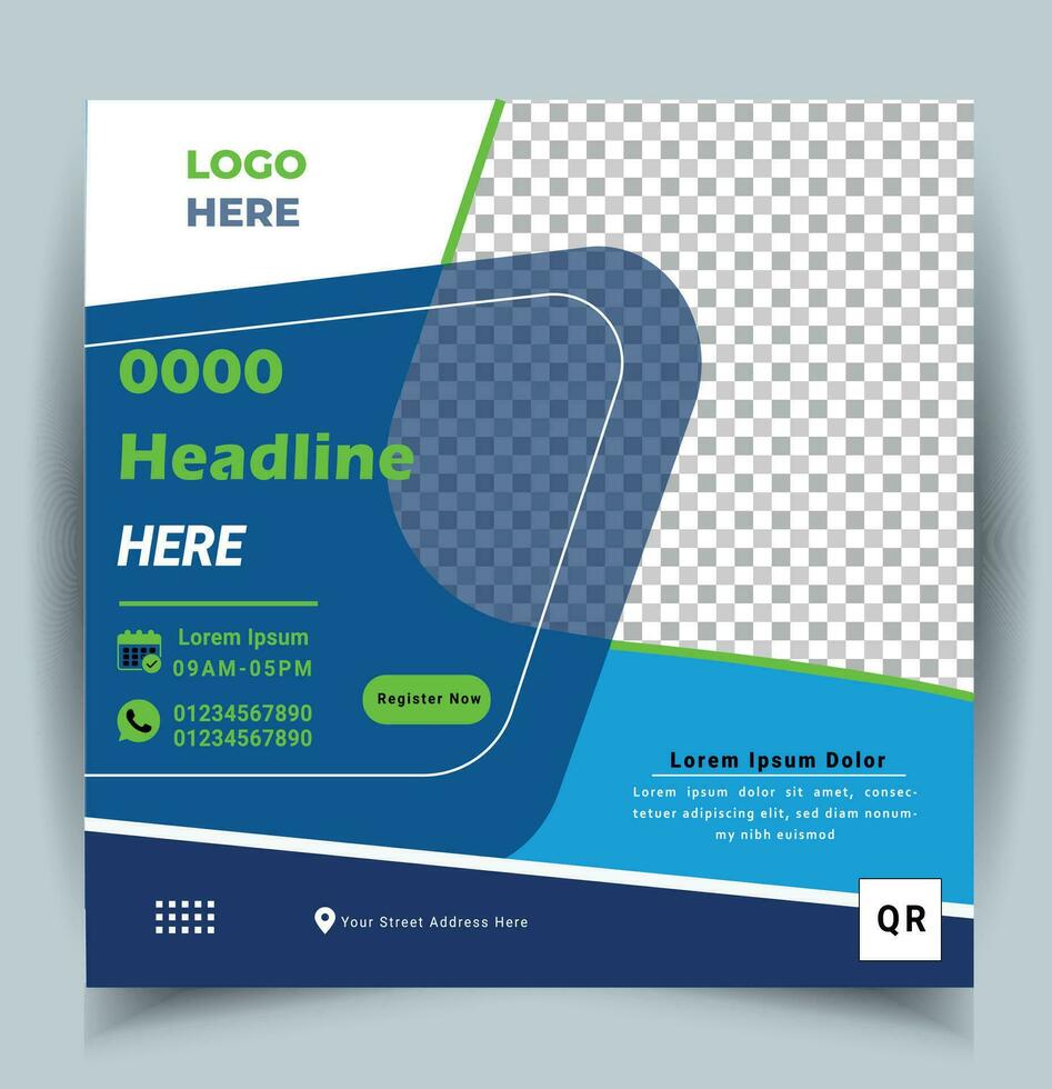 Creative Editable minimal square banner template. Blue and white background color with stripe line shape. Suitable for social media post and web internet ads. Vector illustration with photo.