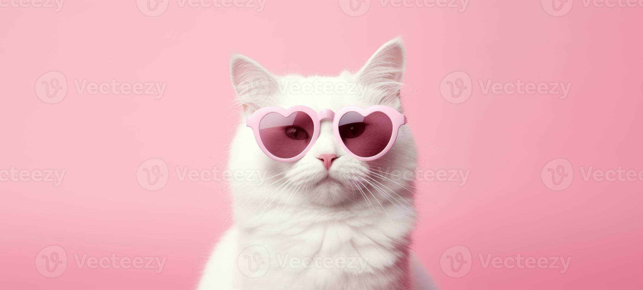 AI generated White cat in pink heart shaped glasses on pink background with place for text.Valentines day,anniversary, 8 march photo