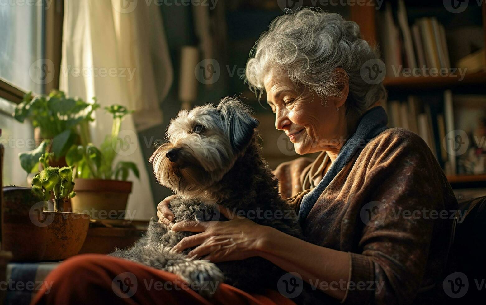 senior retired woman spends time with dog at home photo