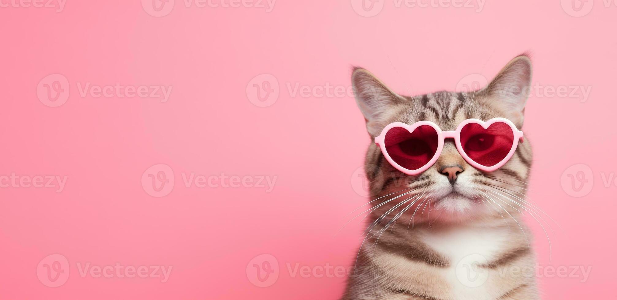 AI generated Creative Valentines day card with cute tabby cat in pink heart shaped glasses on pink background with place for text photo