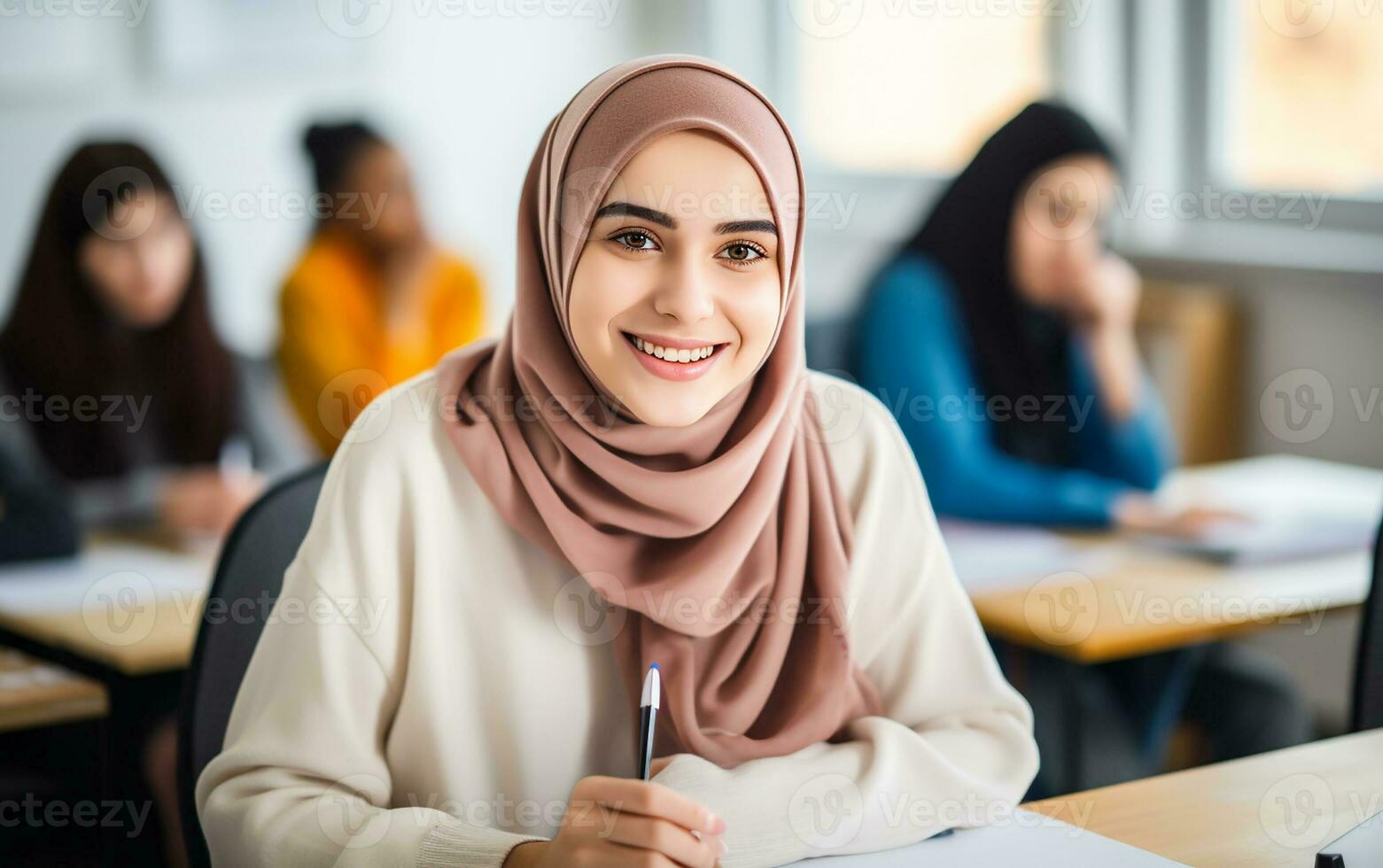 AI generated Education concept. Happy smiling girl in hijab sitting at the desk in the classroom photo