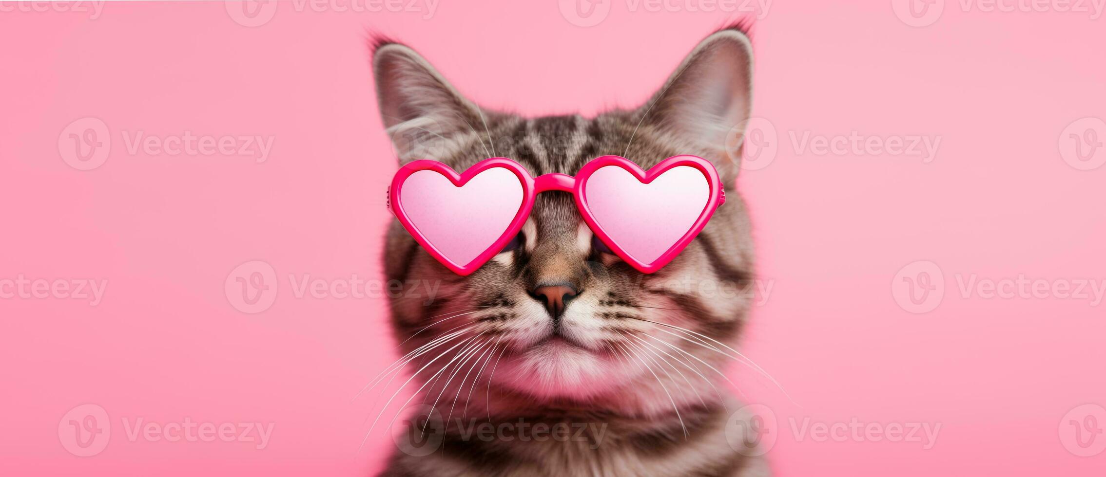 AI generated Cute kitten wearing heart-shaped sunglasses Valentine's Day on pink background. Copy space banner photo