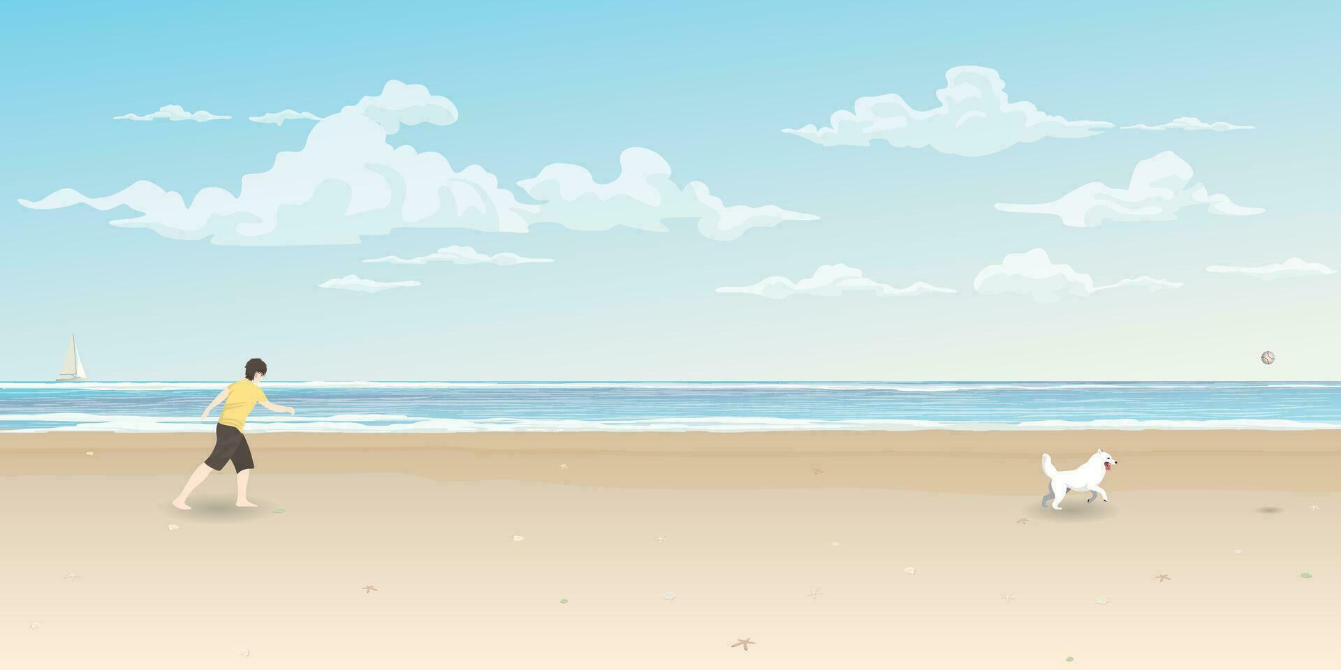 Man playing ball with his dog on the beach vector illustration. Travel with pet concept cartoon flat design.