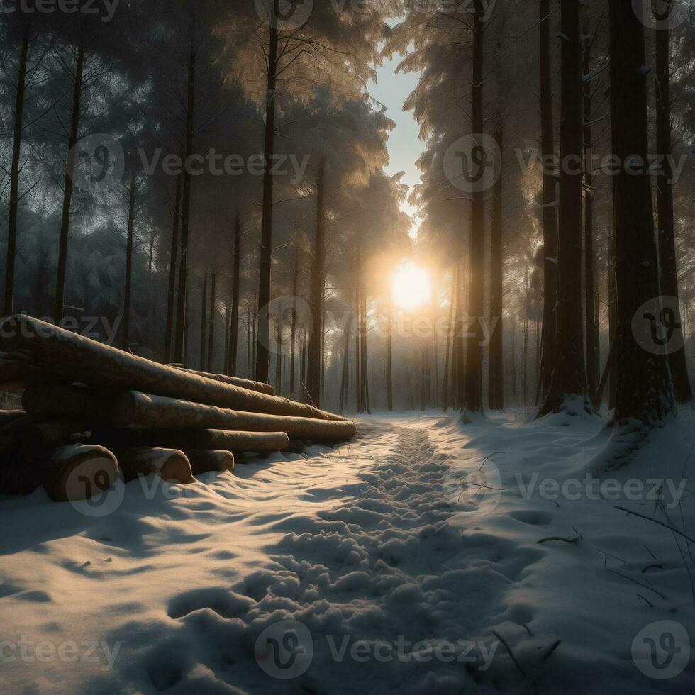 AI generated Woodland Covered in Snow Appearing Serene and Enchantingly Blanketed in White photo
