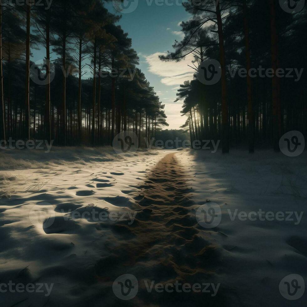 AI generated Woodland Covered in Snow Appearing Serene and Enchantingly Blanketed in White photo