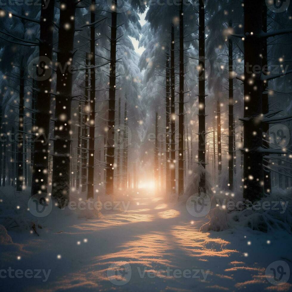 AI generated Woodland Covered in Snow Appearing Serene and Enchantingly Blanketed in White photo