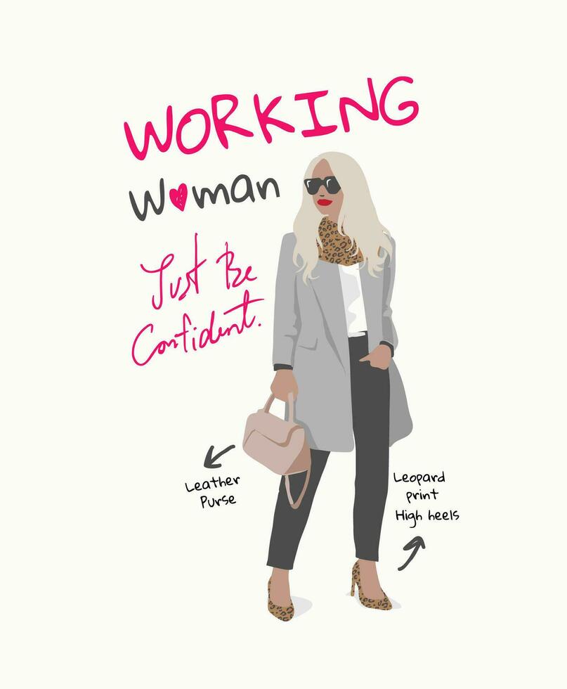 working woman slogan with hand drawn cartoon woman vector illustration