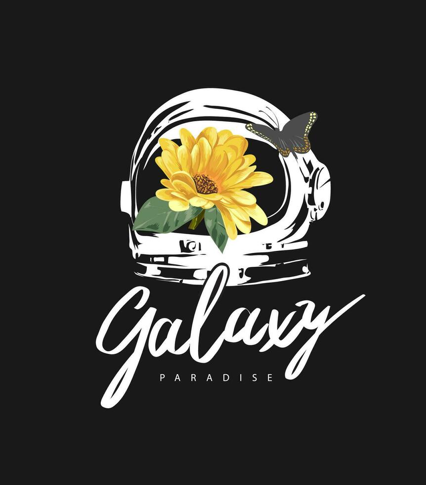 galaxia caligrafía eslogan con flor en astronauta casco vector ilustración