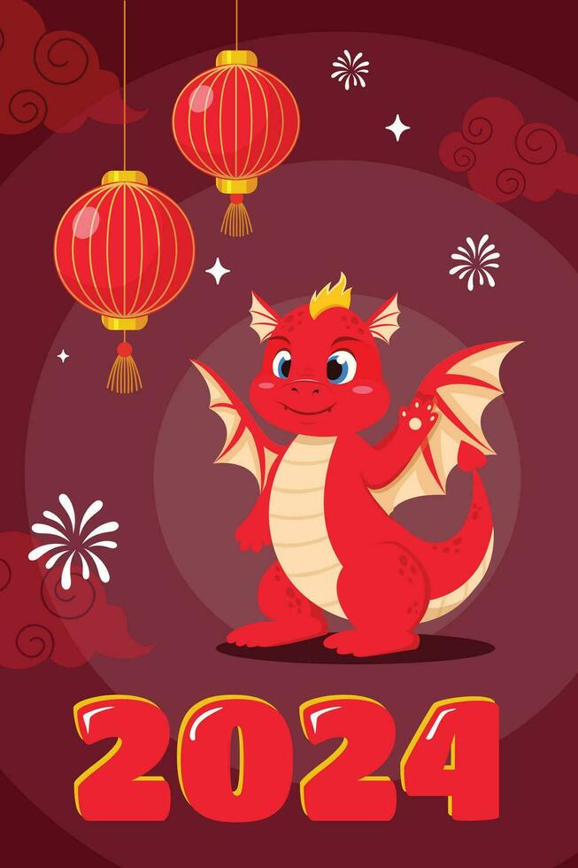 Chinese vector greeting card 2024 with cute red Chinese dragon in cartoon style