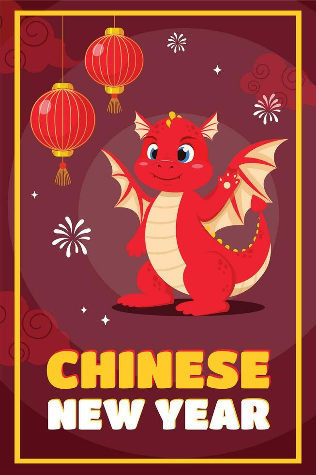 Chinese vector Chinese New Year 2024 card with cute red chinese dragon