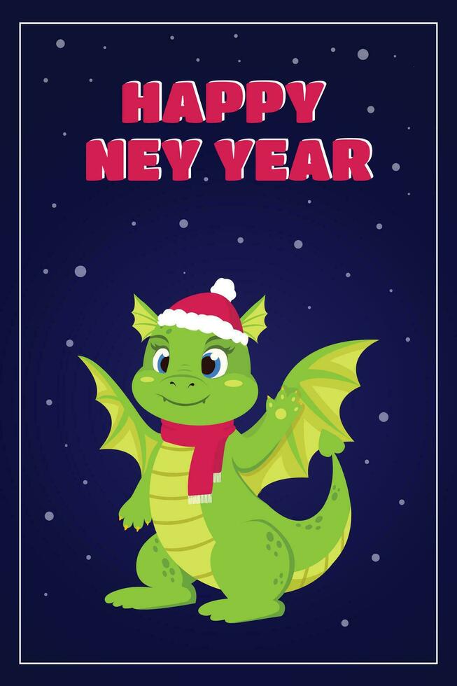 Chinese Happy New Year 2024 with winter cute dragon green wooden asian astrology sign greeting card vector